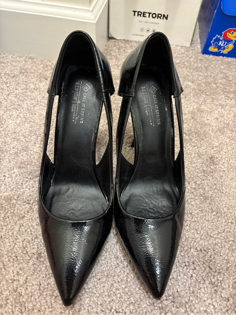 Call It Spring Black Patent Pointed Cutout Heels